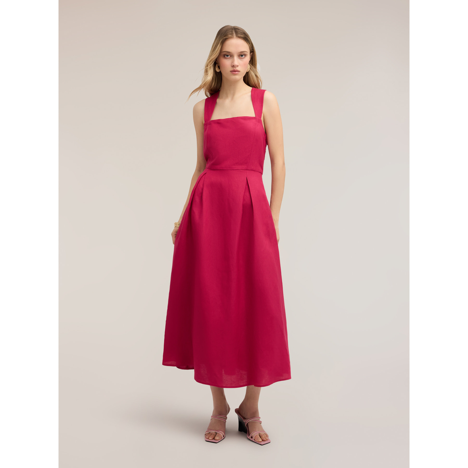 Motivi - Vestito con scollo quadrato in misto lino - Fucsia