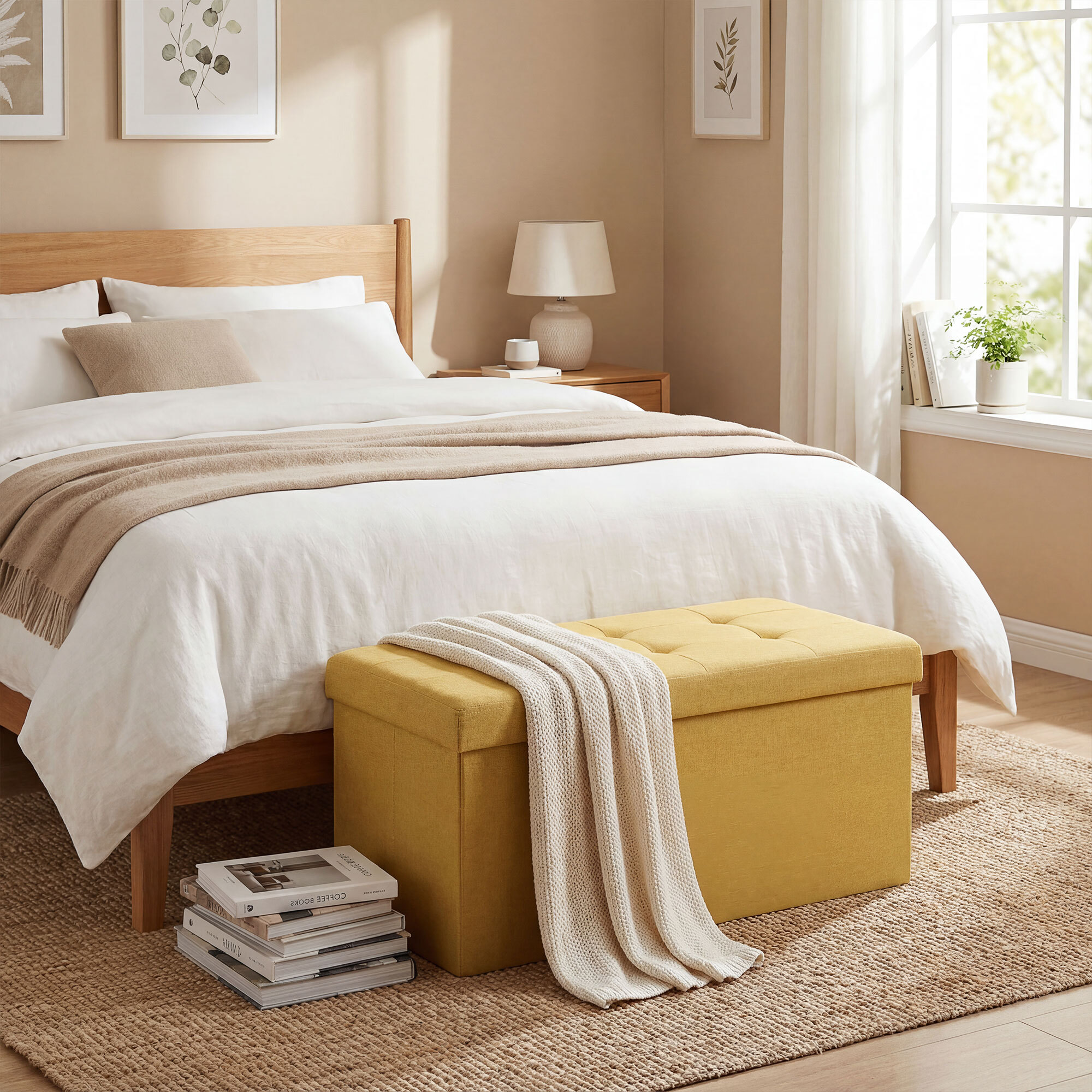 Puff Almacenaje, Banco Almacenaje Plegable, 84 L, 76x38x38 cm, Tapizado en Lino Sintético, Baúl de Almacenamiento, Carga 120 kg, Taburete para Sala de Estar, Dormitorio, Entrada, Amarillo