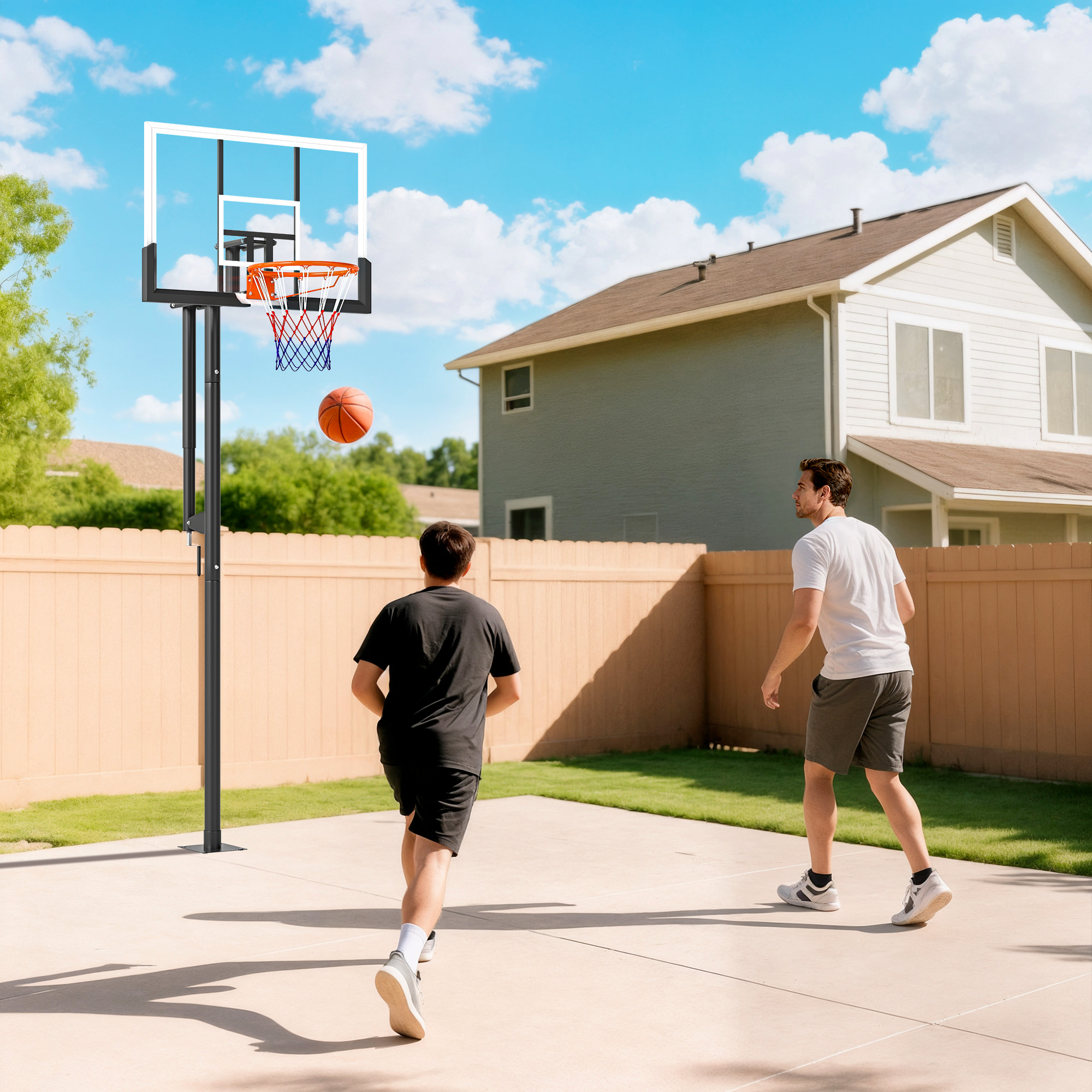 Canasta de Baloncesto para Exterior, Altura Ajustable 230-305 cm, Canasta de Baloncesto con Soporte, Tablero Irrompible 120 cm, Aro Ø48 cm y Base Estable, para Adolescentes y Adultos, Negro