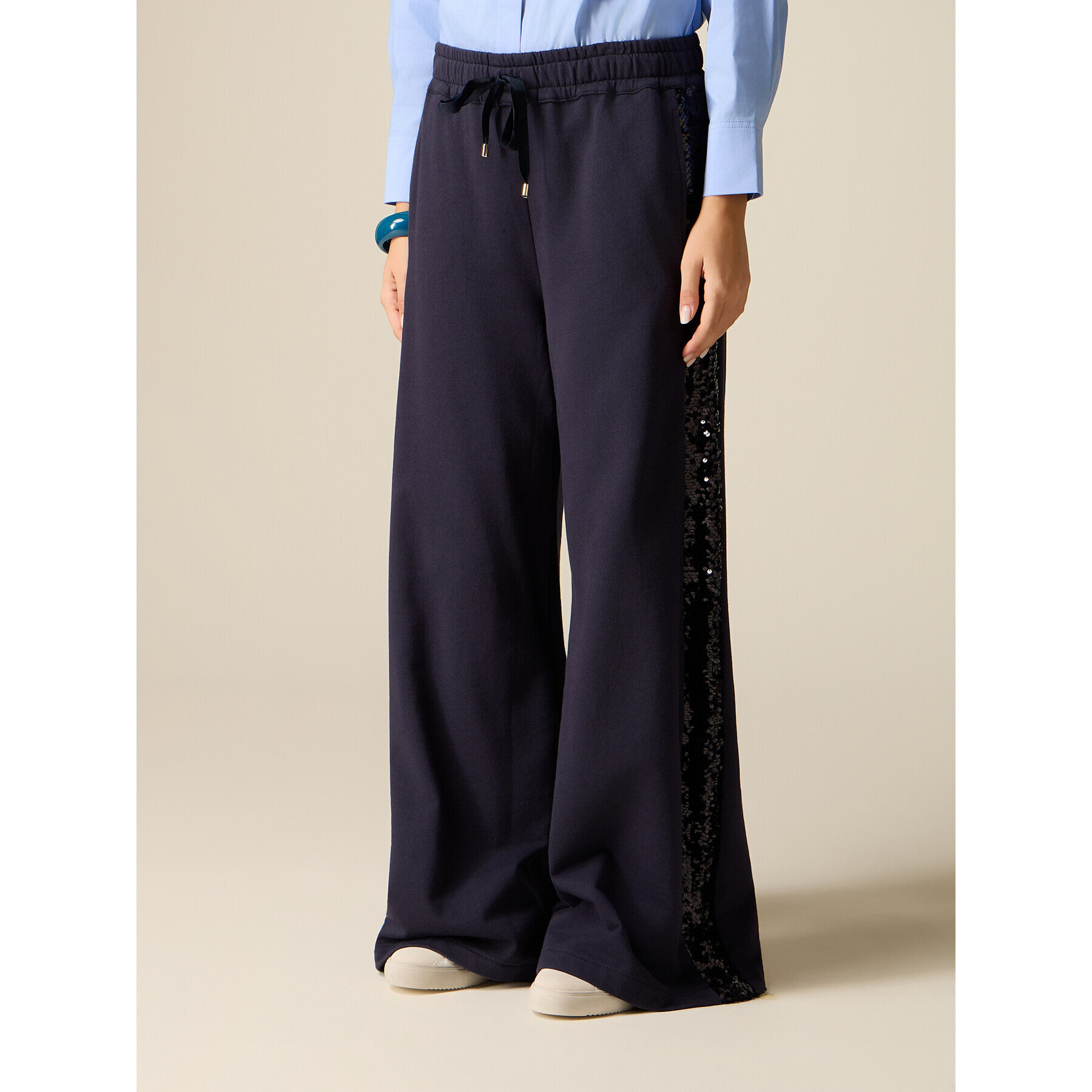 Oltre - Pantalones palazzo de felpa con lentejuelas - Azul