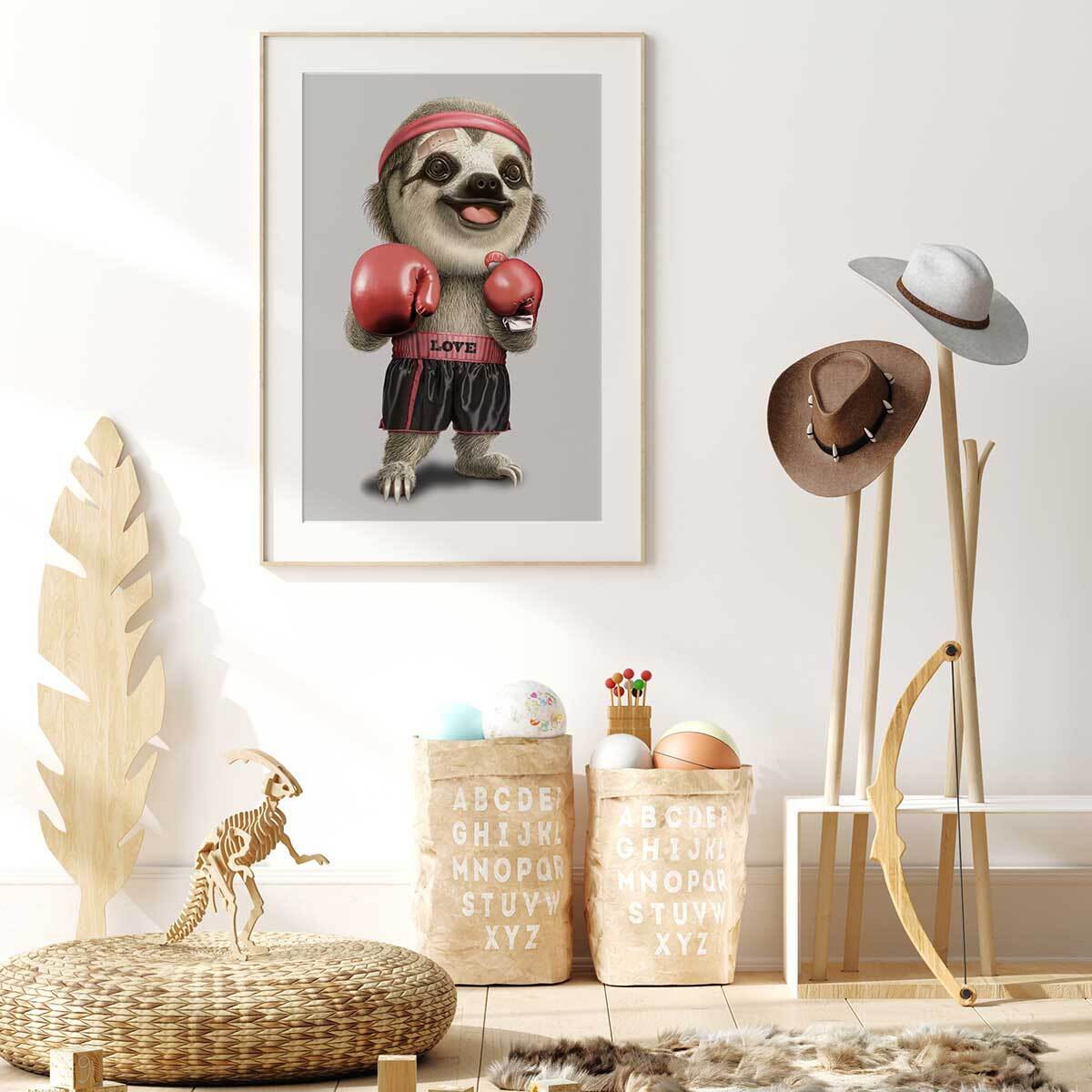 Affiche enfant le paresseux boxeur  Affiche + cadre en bois - Chêne