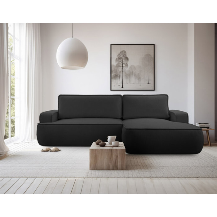 Nessino - canapé d'angle droit 4 places - convertible avec coffre - en tissu texturé - Noir
