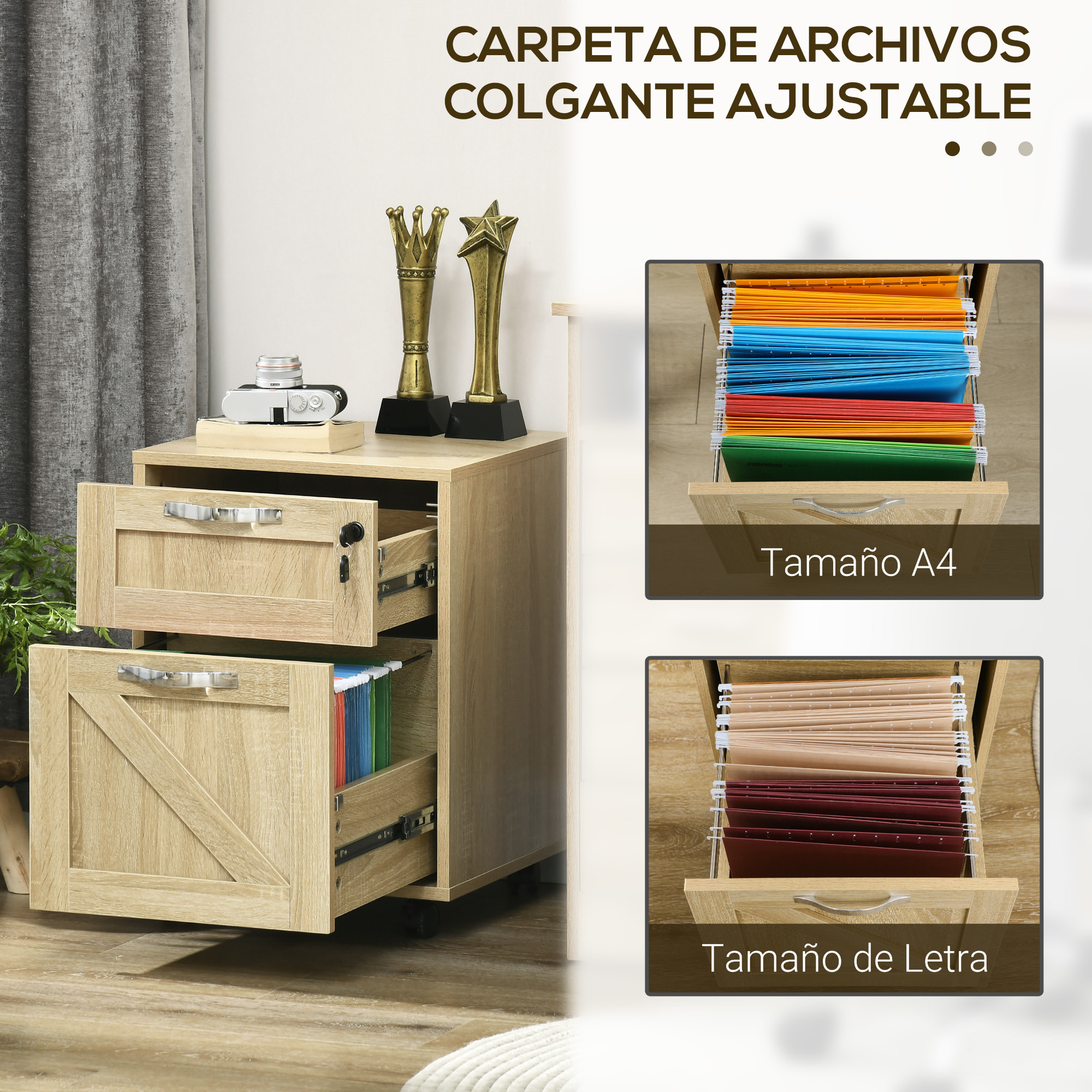 Cajonera de Oficina con 2 Cajones Cajonera con Ruedas Mueble Archivador Móvil con Cerradura y Carpetas Colgantes para Tamaño A4 41x42x56 cm Natural