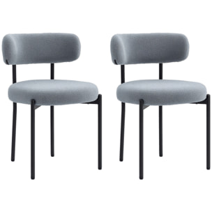 Lot de 2 chaises de salon style néo-rétro - assise ronde, dossier enveloppant - acier noir effet laine bouclée gris