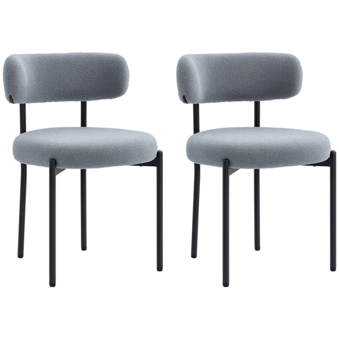Lot de 2 chaises de salon style néo-rétro - assise ronde, dossier enveloppant - acier noir effet laine bouclée gris