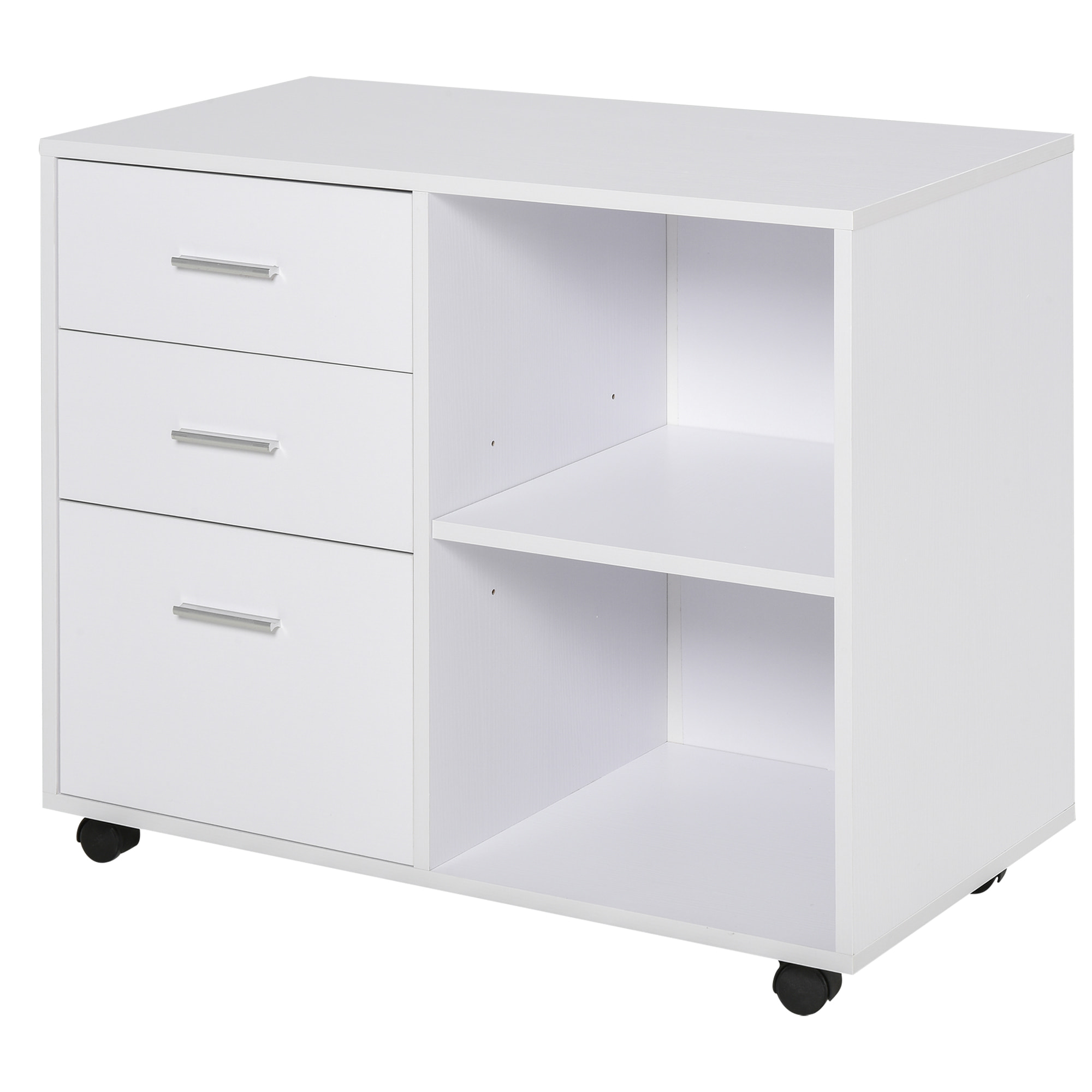 HOMCOM Support d'imprimante organiseur bureau caisson 3 tiroirs + 2 niches + grand plateau panneaux particules blanc