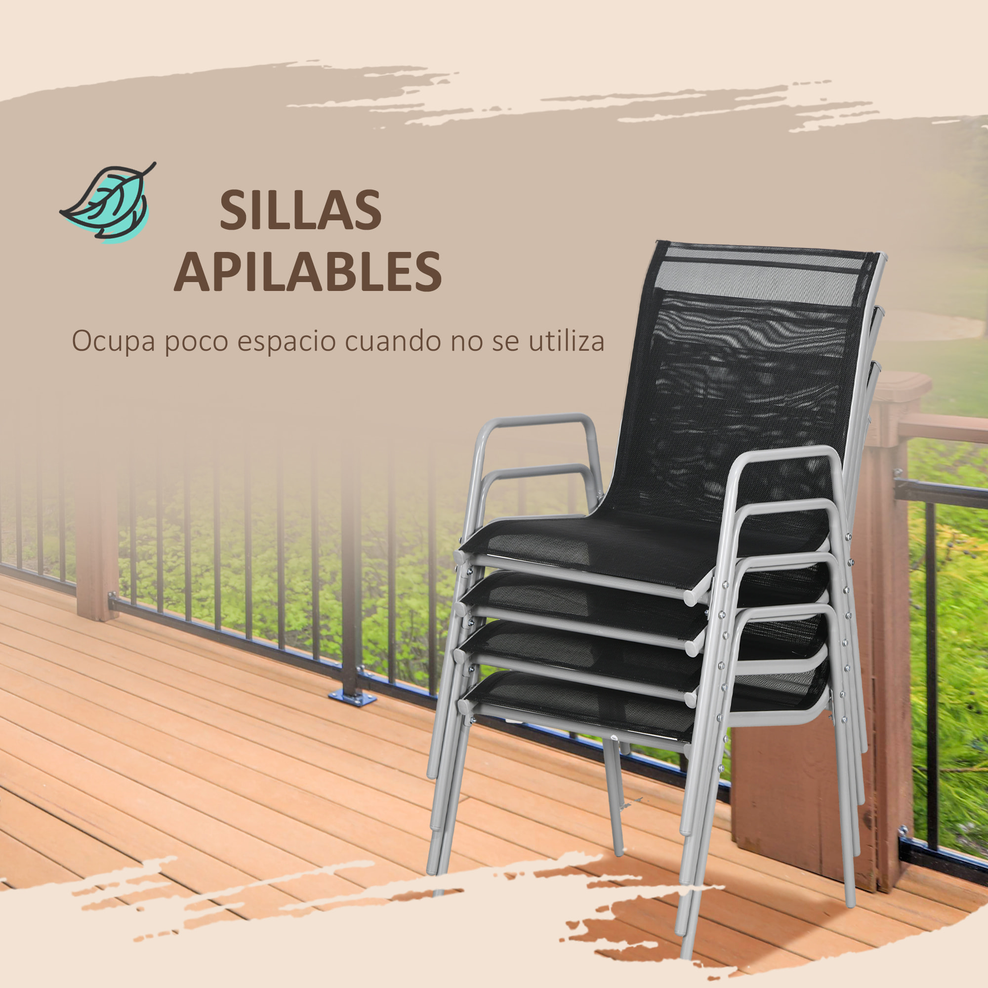 Conjunto de Comedor de Exterior Juego de Comedor de Jardín de 7 Piezas con 1 Mesa 6 Sillas Apilables y Marco de Acero para Terraza Patio Negro
