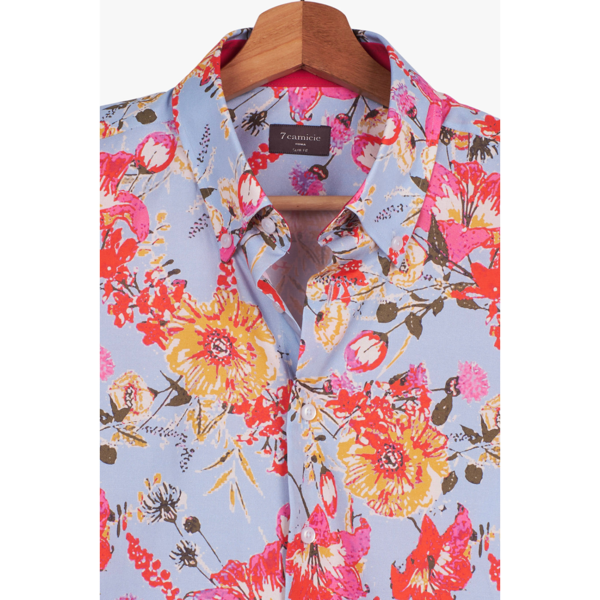 Camicia Uomo 1 Bottone Button Down Manica Corta Slim Popeline Stampato Celeste Rosso Corallo