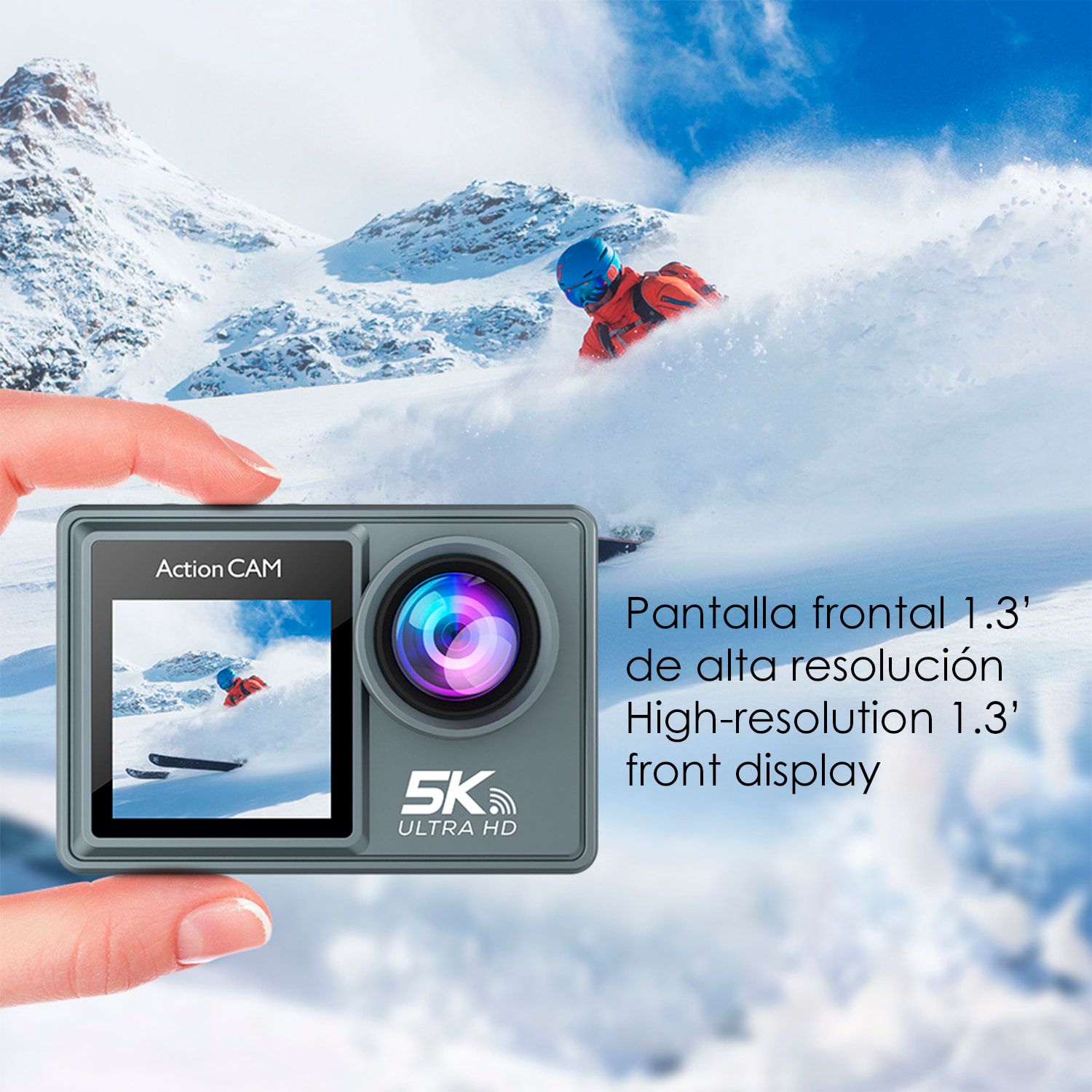 Cámara Deportiva M40R 5k 30fps con 47,5 mpx, doble pantalla de 2" y 1.3", estabilizador de imagen, multitud de accesorios y WIFI.