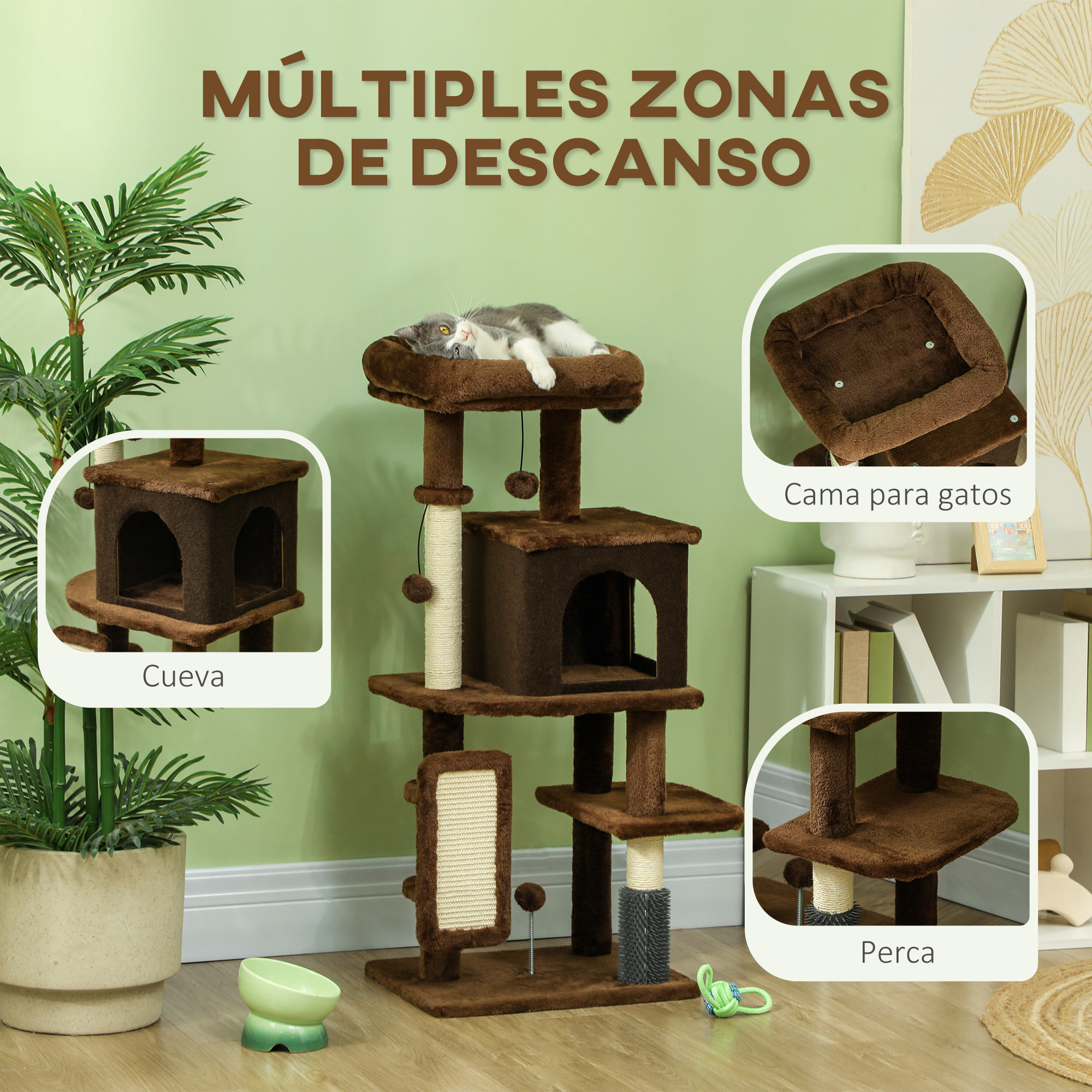 Árbol Rascador para Gatos Altura 104 cm Árbol para Gatos Torre para Gatos con Plataformas Poste con Cepillo Bolas Colgantes y Almohadilla para Rascar Marrón