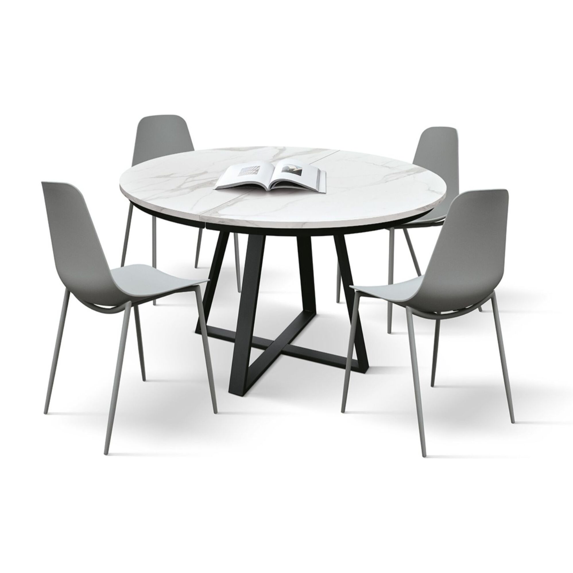 Tavolo rotondo PANTELLERIA in legno, finitura bianco statuario e gambe in metallo nero, allungabile Ø120xH75,3 cm - 170x120x75,3 cm