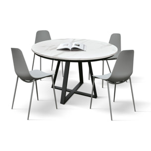 Tavolo rotondo PANTELLERIA in legno, finitura bianco statuario e gambe in metallo nero, allungabile Ø120xH75,3 cm - 170x120x75,3 cm