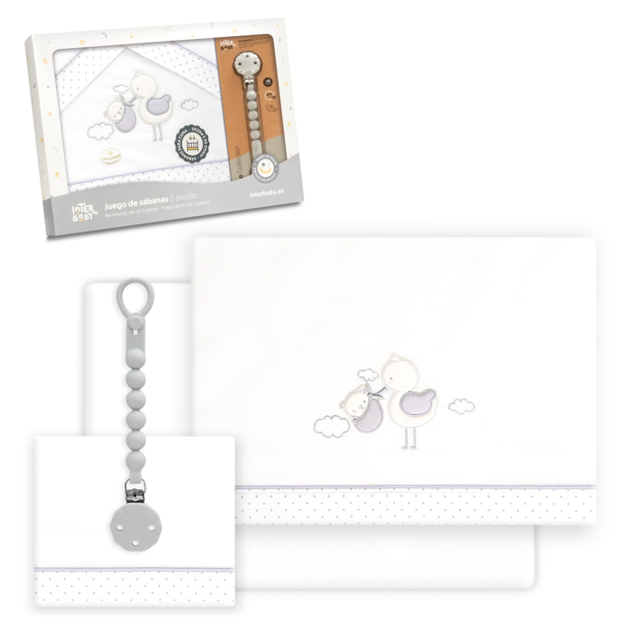 Triptico Cuna Cigueña Oso + Broche Bco/Gris