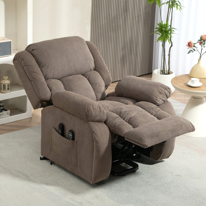 Fauteuil releveur massant chauffant grand confort - inclinable, repose-pieds rétractable - tissu toucher flanelle marron