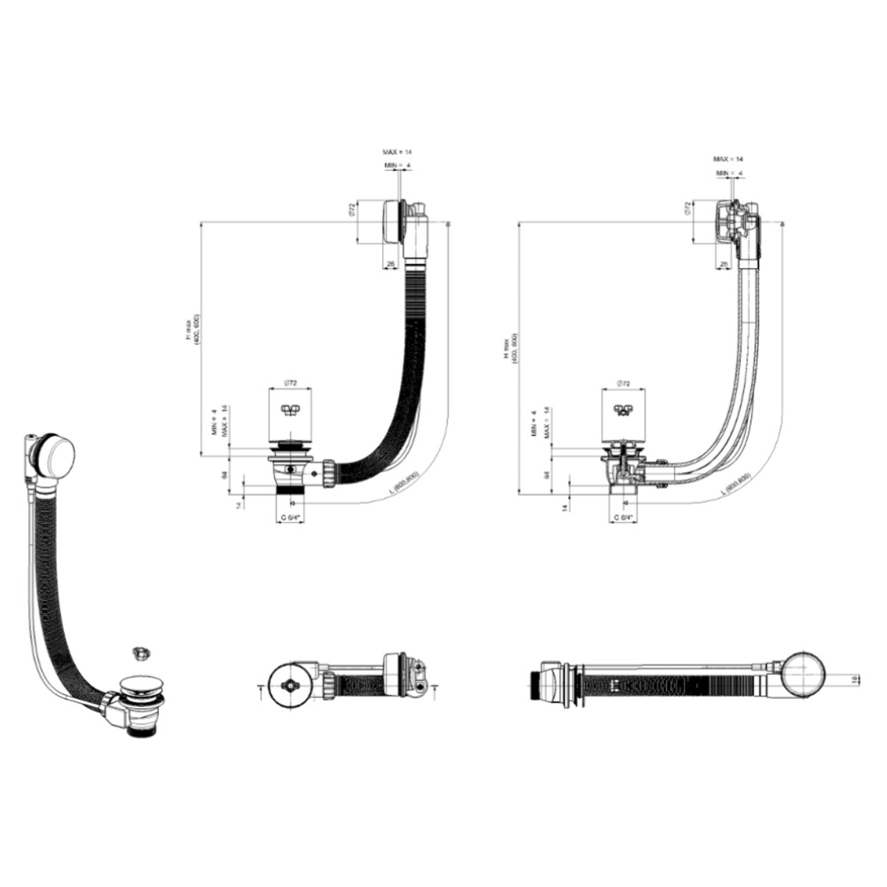 Project ensemble de vidage complet 60 cm pour baignoire, chrome (SATAVAPRO1)