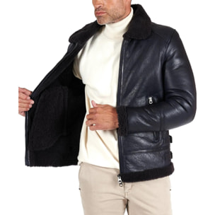 Montone blu Shearling biker uomo collo camicia con fibbia