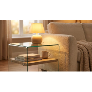 Bout de canapé en verre trempé transparent avec étagère en bois - GLASS