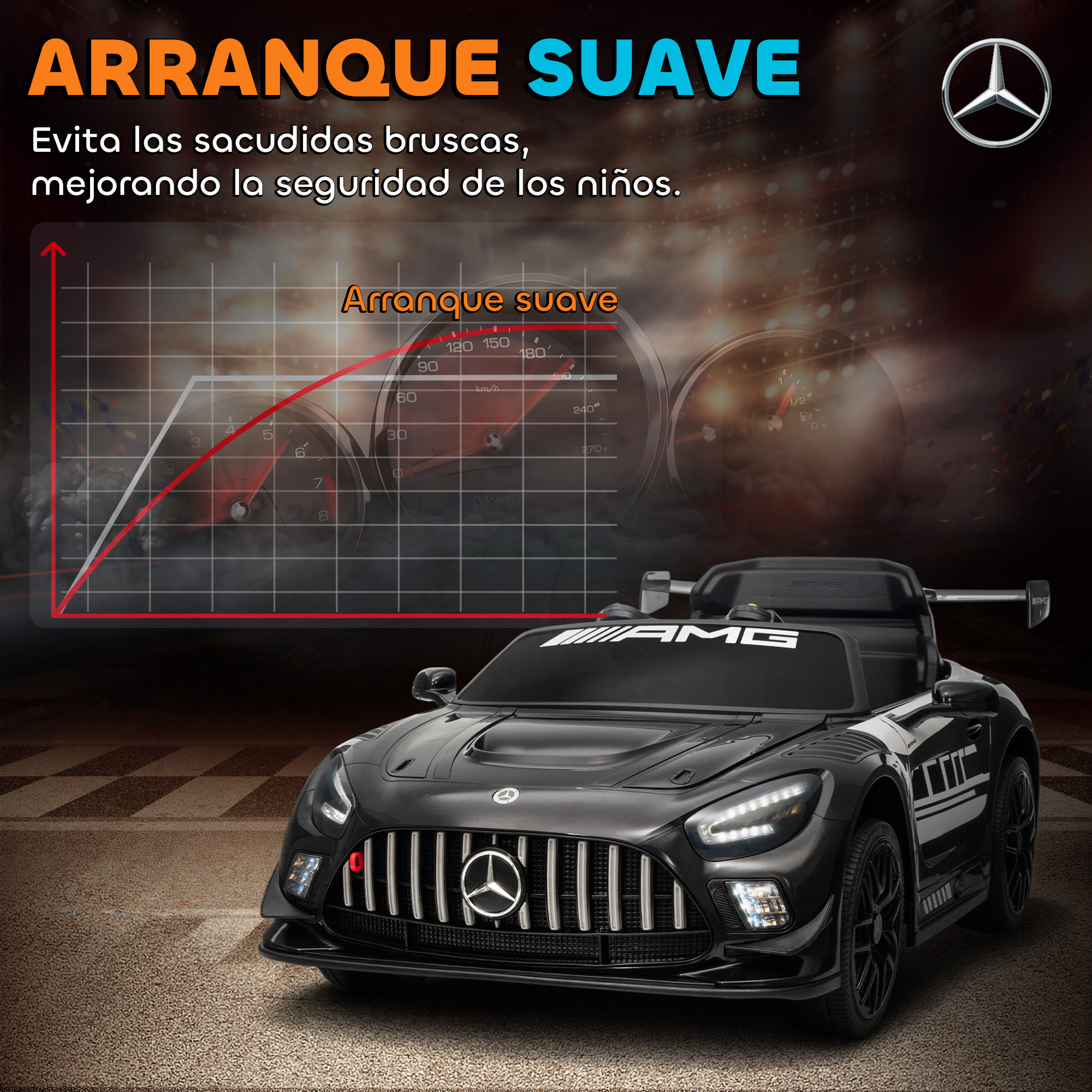 Coche Eléctrico para Niños, Mercedes-AMG GT3 Evo, Coche de Batería 12V, con Mando a Distancia 2,4 G, Motor Doble, Ruedas Auxiliares, Asa de Arrastre, Música Inalámbrica, Faros, Negro