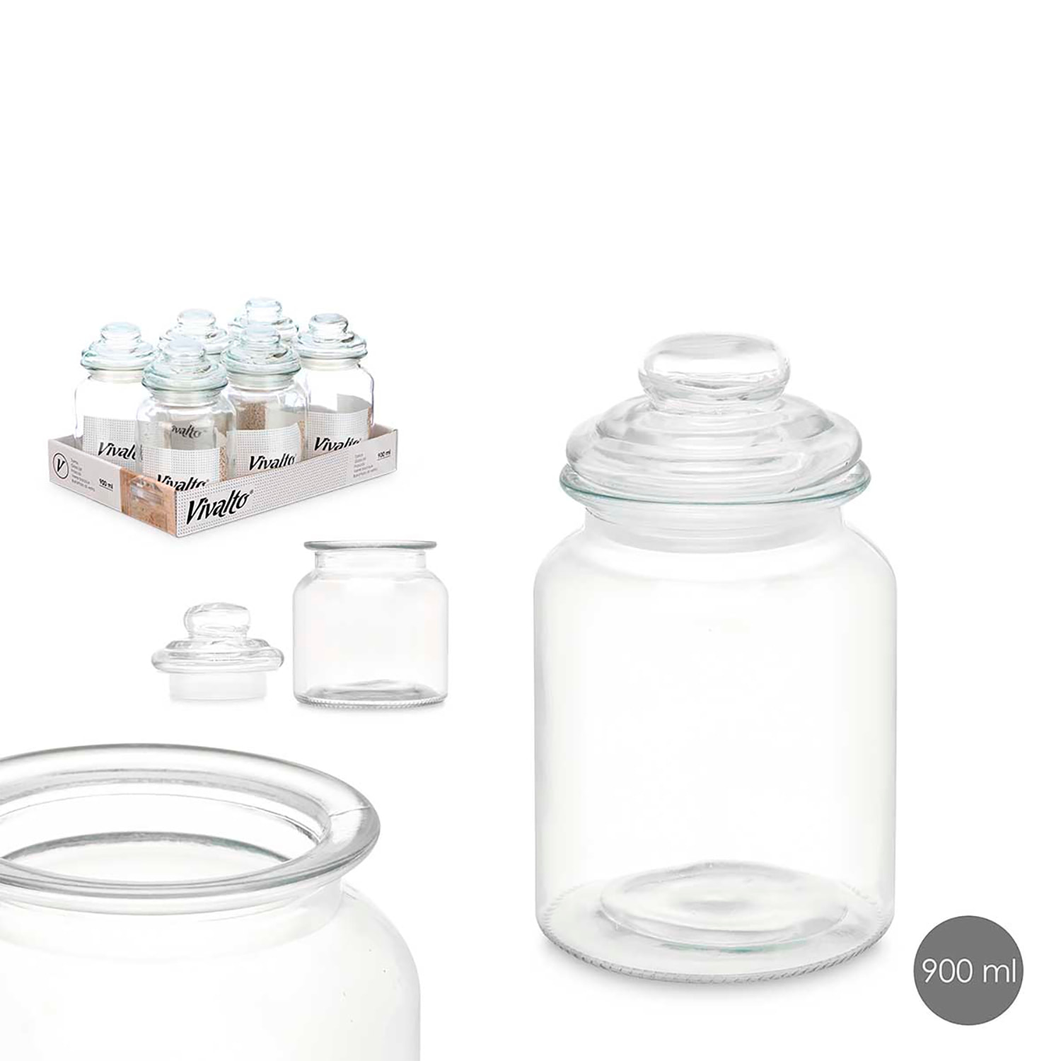 BARATTOLO ROTONDO LISCIO COPERCHIO IN VETRO 900ML