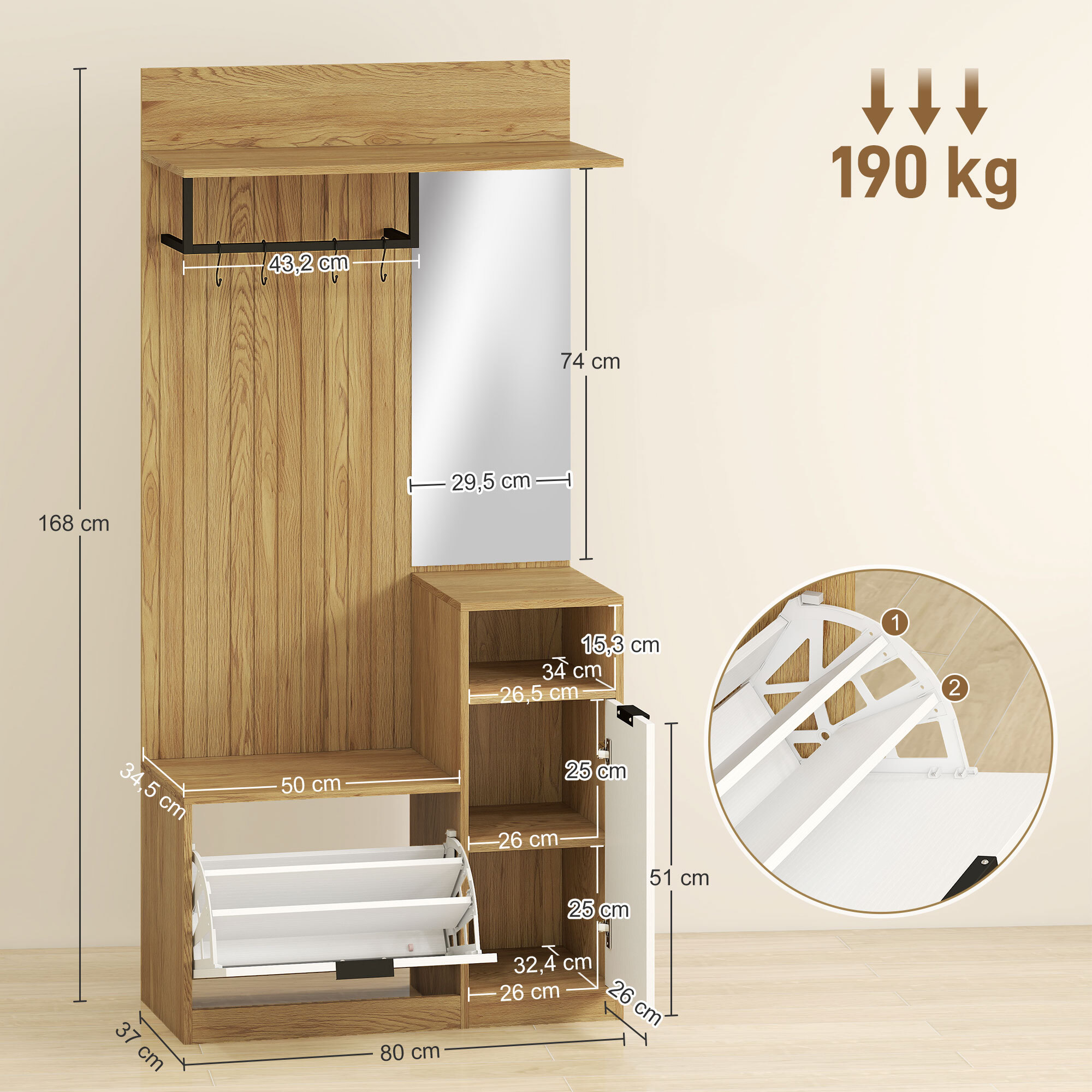 Perchero Zapatero, Perchero Entrada Recibidor con Zapatero, Espejo, Armario, Estantes Abiertos y 4 Ganchos, Estilo Moderno, para Pasillo Dormitorio, 80x36x168 cm, Roble