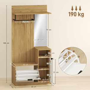 Perchero Zapatero, Perchero Entrada Recibidor con Zapatero, Espejo, Armario, Estantes Abiertos y 4 Ganchos, Estilo Moderno, para Pasillo Dormitorio, 80x36x168 cm, Roble