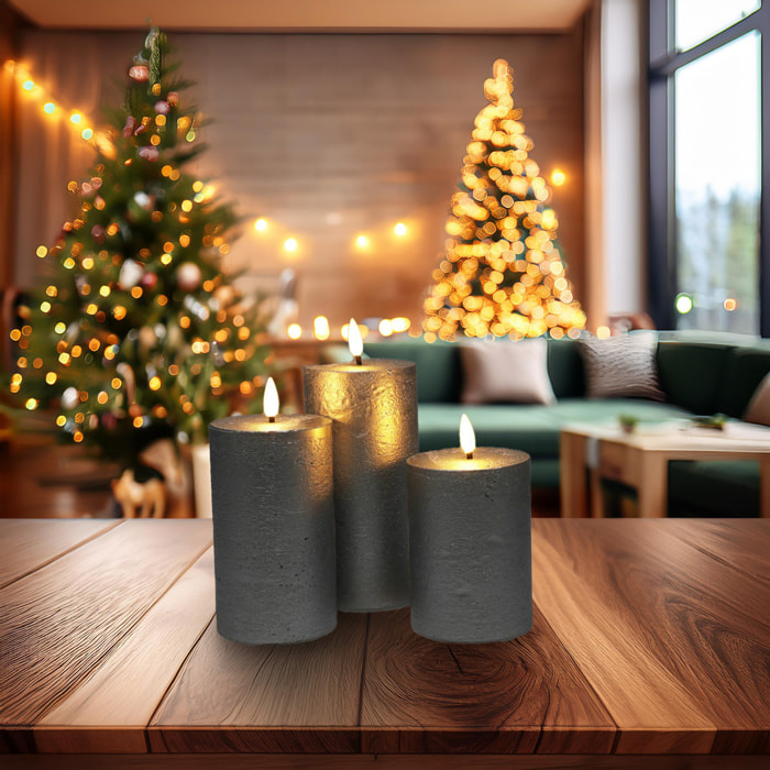 set de 3 velas led en color plata de superficie rústica