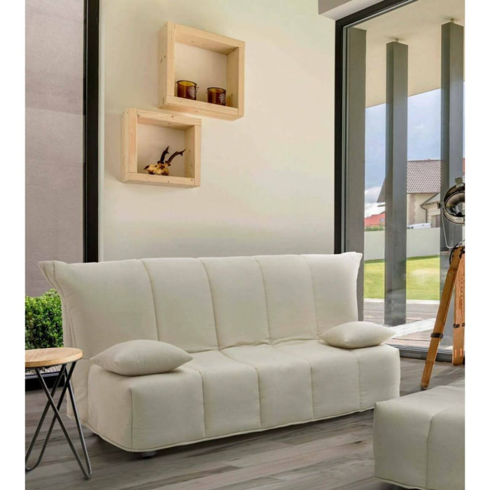Divano letto 2 posti Ariska, Sofà Soggiorno con apertura a carrello in tessuto imbottito, Cuscini inclusi, 100% Made in Italy, Cm 125x90h85, Beige