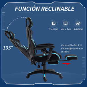 Vinsetto Silla Gaming con Reposapiés Retráctil Silla de Oficina Giratoria Reclinable con Reposacabezas y Altura Ajustable 65x65x119-129 cm Negro y Azul