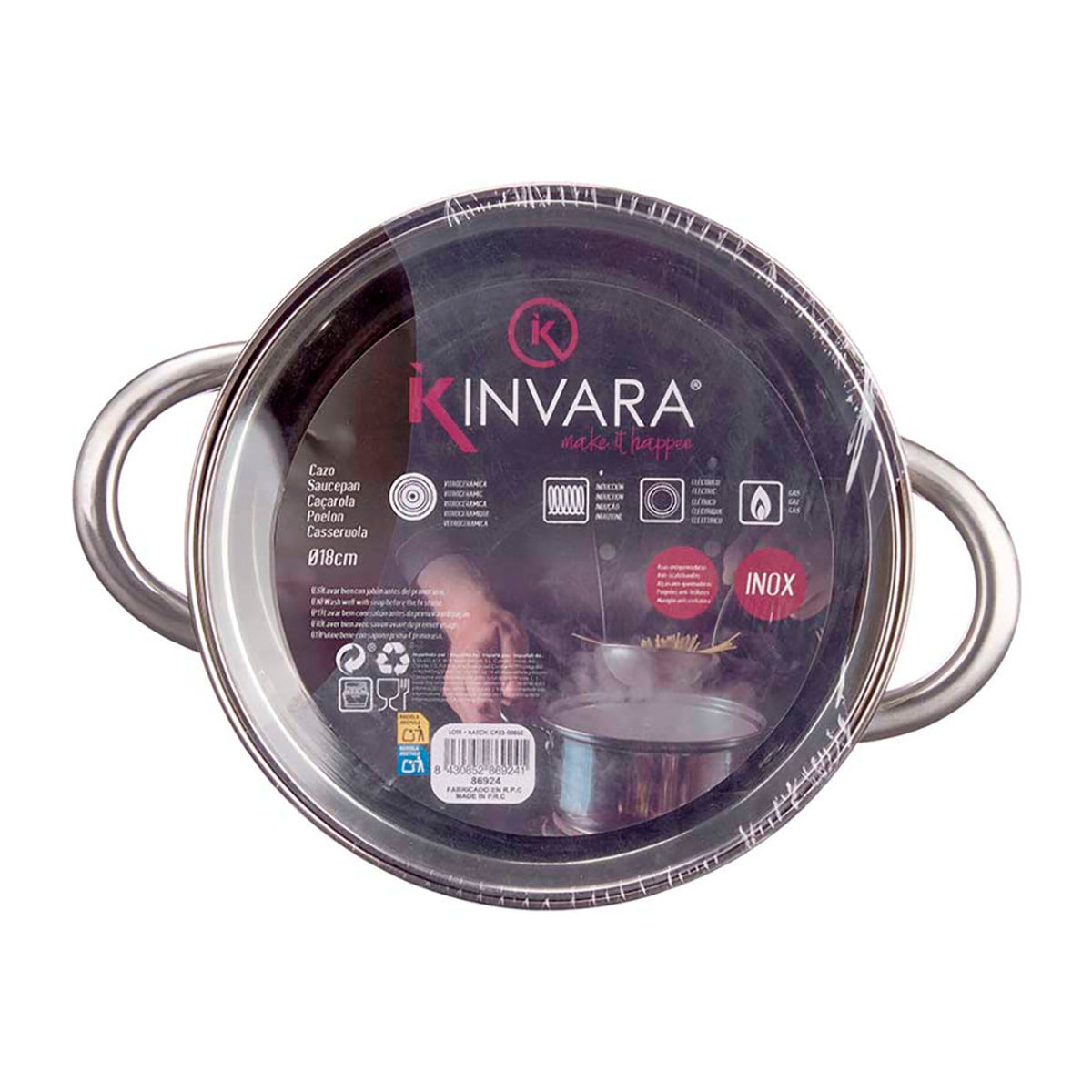 DAM Casseruola IN ACCIAIO INOX SS201 18 CM C COPERCHIO IN VETRO 27x19,5x10 Cm. Color argento