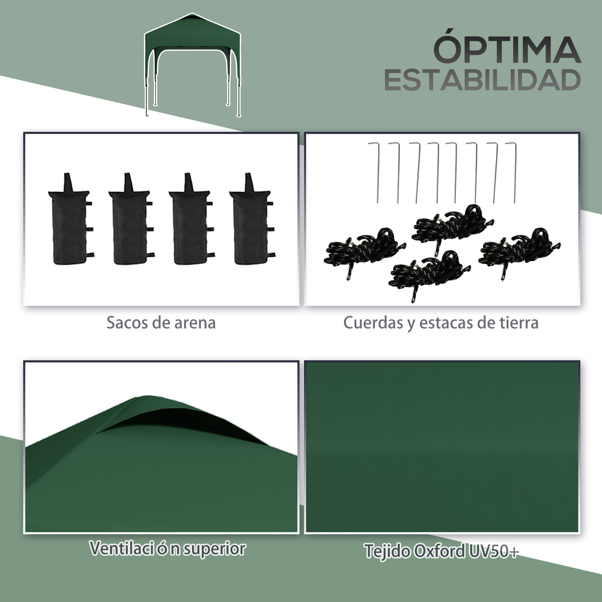 Outsunny Cenador Plegable 2,5x2,5x2,68 m Carpa de Jardín Protección UV 50+ Ajustable en Altura con 4 Bolsas de Arena y Bolsa de Transporte para Camping Fiestas Patio Verde Oscuro