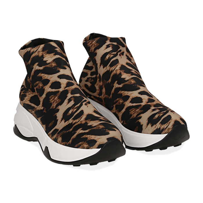 Sneakers a calza leopard in lycra, zeppa 5 cm