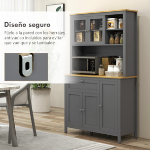 Alacena de Cocina Alta, Mueble Auxiliar de Cocina, con 5 Puertas, Estante Ajustable, Cajón, Encimera Abierta de Microondas, Orificio para Cable, 100x40x180 cm, Gris