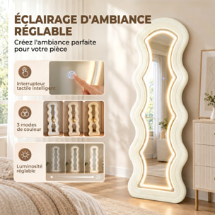 Miroir LED ondulé pleine longueur 160x60cm 3 couleurs cadre effet velours crème