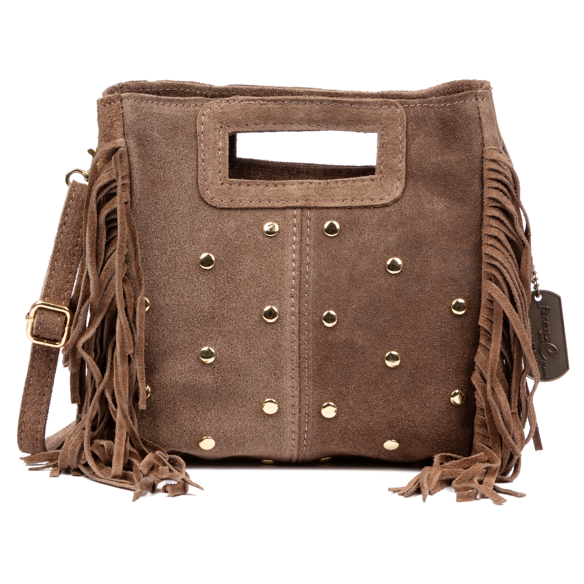 Barbata borsa a tracolla donna. Pelle autentica Scamosciata con borchie decorative.