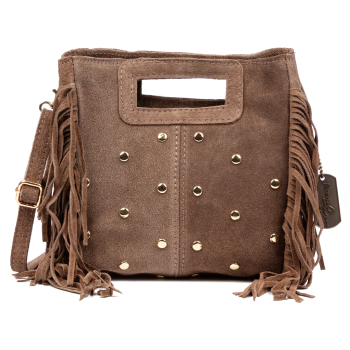 Barbata borsa a tracolla donna. Pelle autentica Scamosciata con borchie decorative.