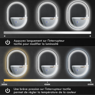 Miroir LED mural de salle de bain - 50L x 70H cm - luminosité réglable 3 couleurs - interrupteur tactile - système antibué