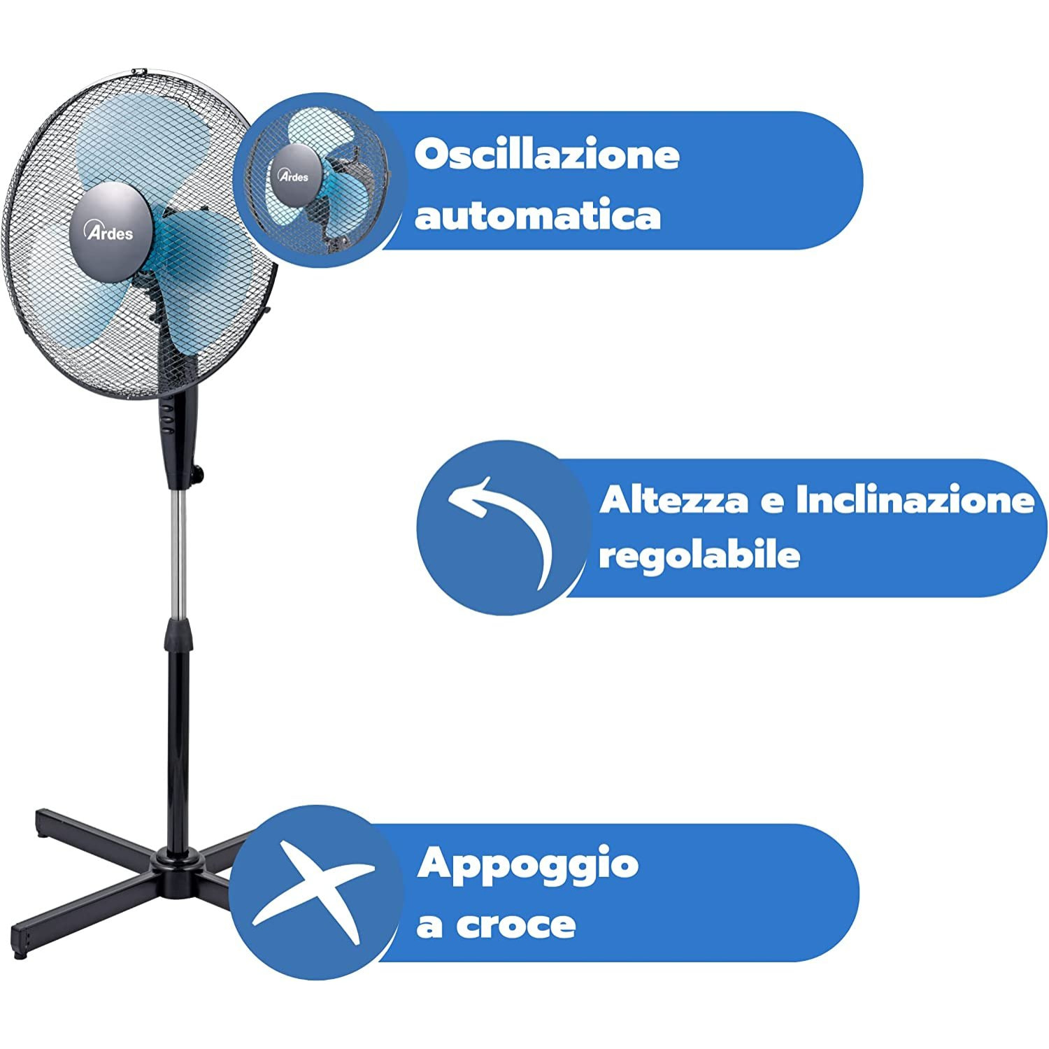 Ardes AR5EA40P Ventilatore A Piantana Da Terra Potenza 50 W 3 Velocita' Nero con Pala Colorata in Semitrasparenza Turchese