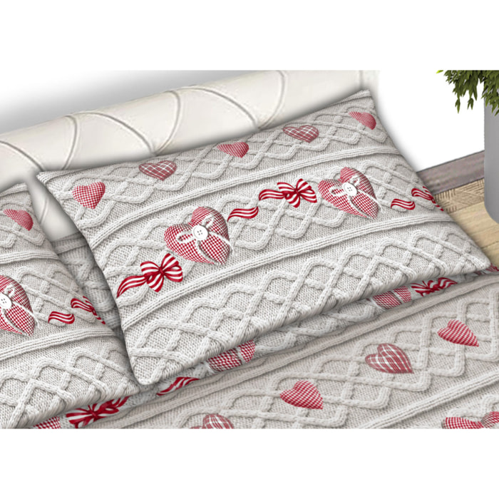 Completo Lenzuola In Calda Flanella Made in Italy Cuori