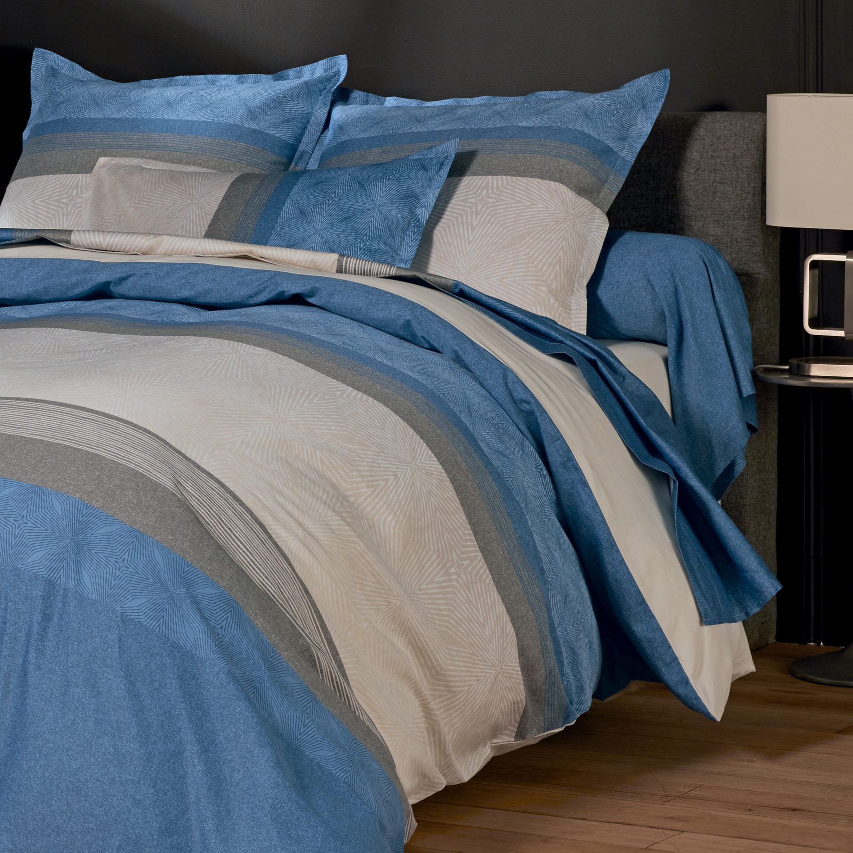 Parure de lit 3 pièces satin de coton géométrique housse + taies - Bleu