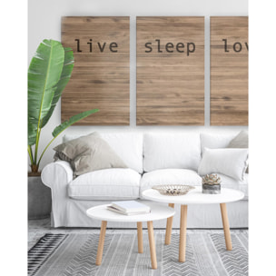 Tête de lit triptyque en bois massif avec imprimée motif Live love sleep en chêne foncé de différentes tailles Hauteur: 80 Longueur: 180 Largeur: 4.2