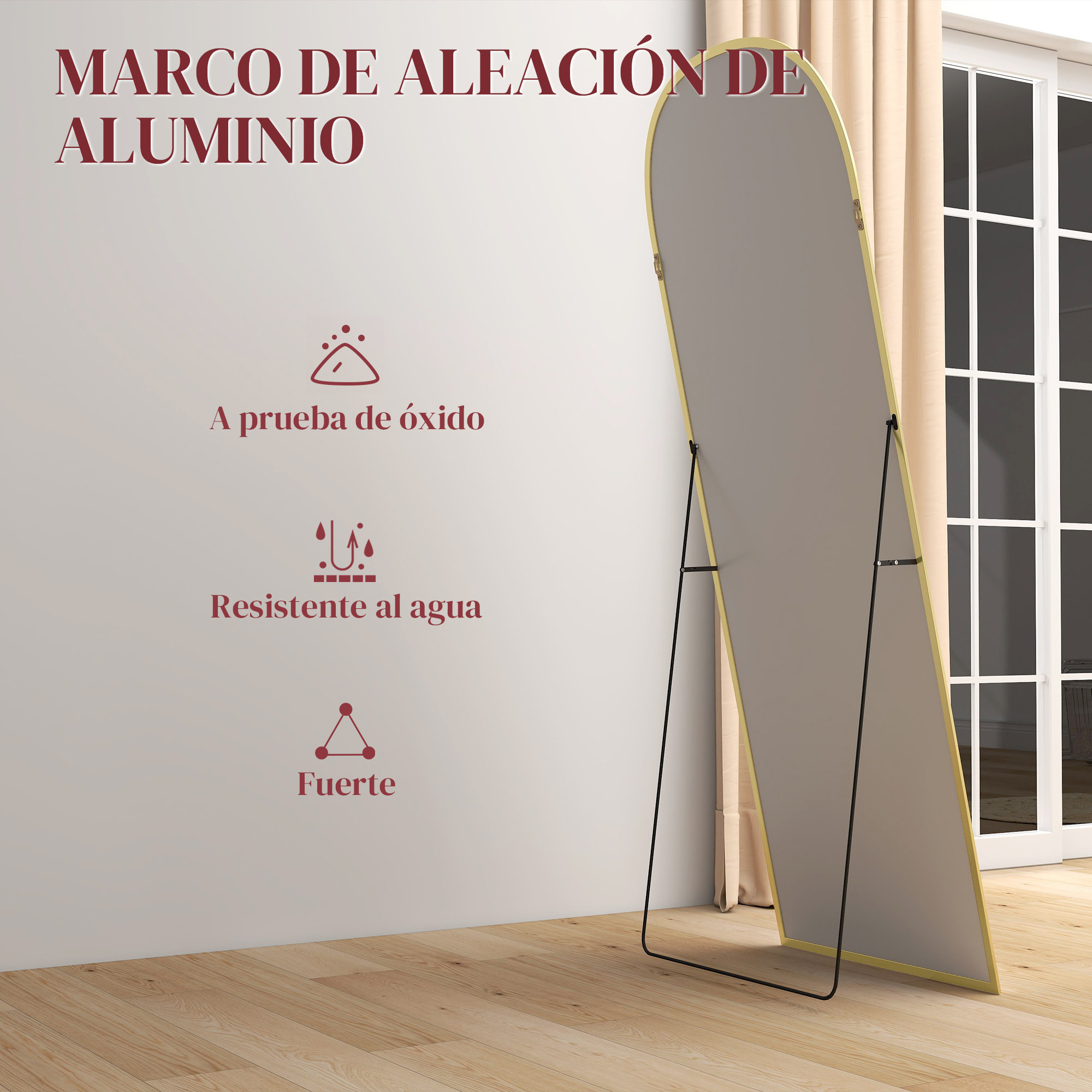 Espejo de Pie Cuerpo Entero 165x60 cm con Marco de Aleación de Aluminio, Espejo de Pared Rectangular para Colgar con Soporte, 2 Formas de Uso, para Salón, Entrada y Dormitorio, Dorado