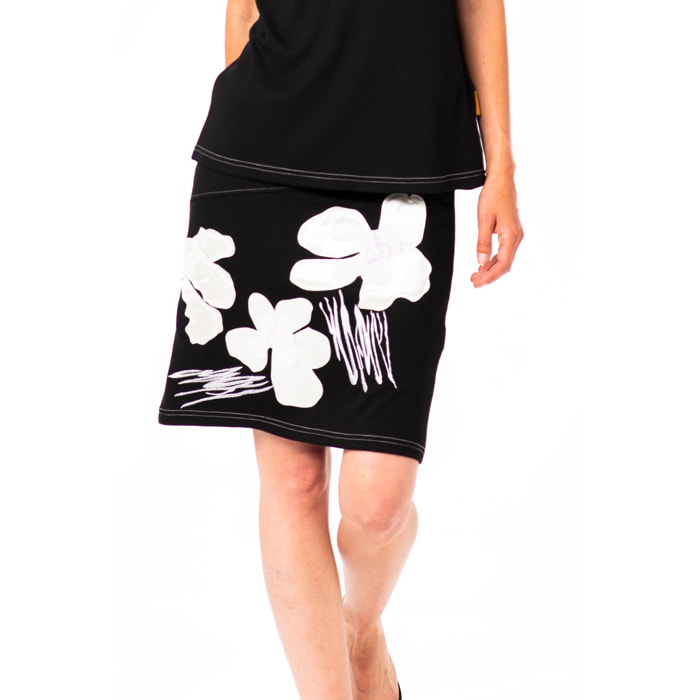 Mamatayoe Falda Cuadrillé para Mujer – Falda negra a la rodilla con estampado floral geométrico y cintura elástica, tallas S-XXL