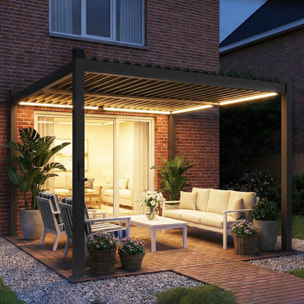 Pergola bioclimatique lames orientables éclairage LED solaire métal noir