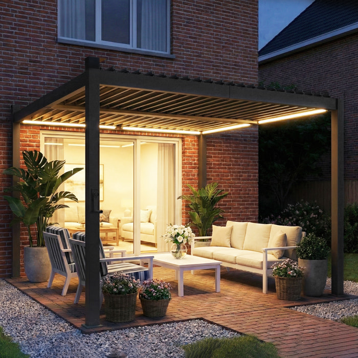 Pergola bioclimatique lames orientables éclairage LED solaire métal noir