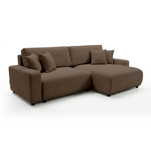 Mini Pivoine - Canapé d'angle réversible 4 places convertible avec coffre en velours texturé - Marron