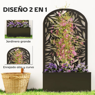 Jardinera Exterior Grande de Metal, Jardinera con Pantalla de Privacidad Curva de Hojas Decorativas, Macetero de Pared o Independiente para Plantas Trepadoras, Patio, 61x23x113 cm, Negro