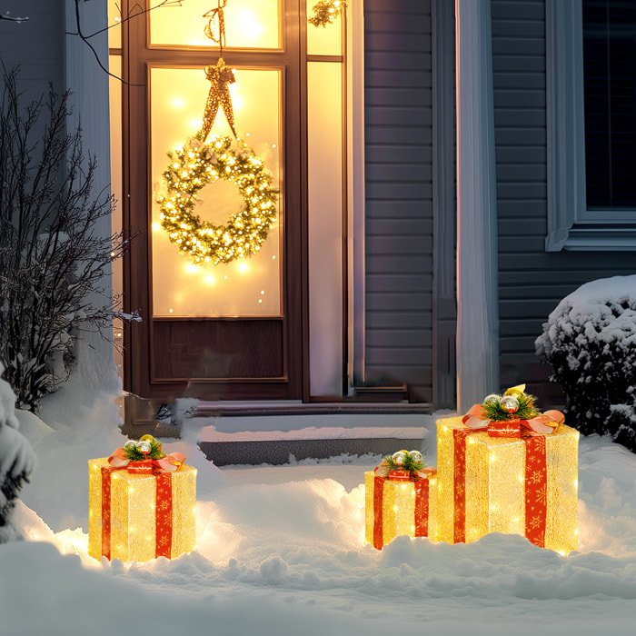 Juego de 3 Cajas de Regalo Navidad con Luces, Adornos Luminosos para Árbol de Navidad con 58 LED Blanco Cálido, Illuminación Navideña para Interior, Exterior y Fiesta, Dorado