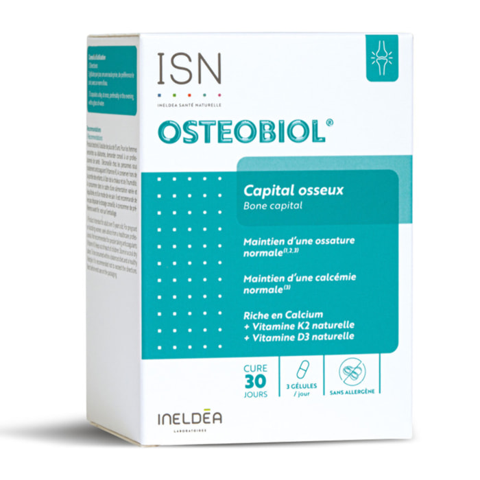 ISN - Osteobiol- Complément alimentaire riche en calcium, vitamines D3 et K2 d'origine naturelle - Maintien de la densité osseuse - Sans allergène - Cure de 30 jours
