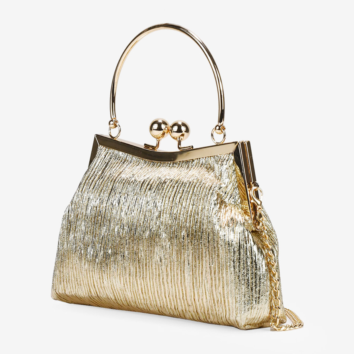 Bolso de fiesta dorado con boquilla y asa metálica