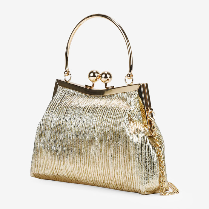 Bolso de fiesta dorado con boquilla y asa metálica